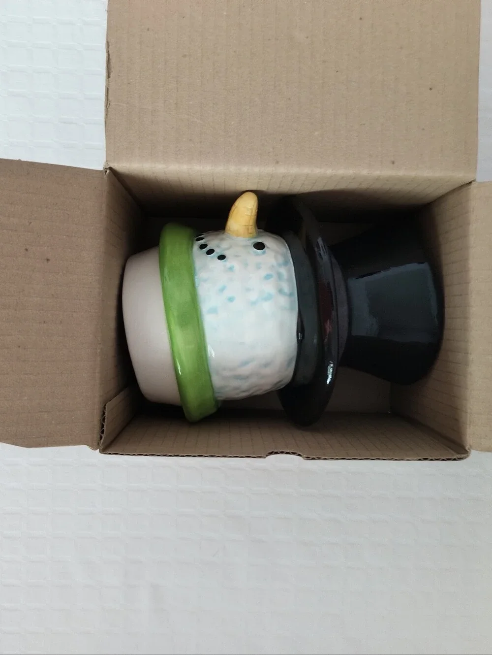 Festive Ceramic Snowman Cookie Jar With Black Top Hat and Green Scarf